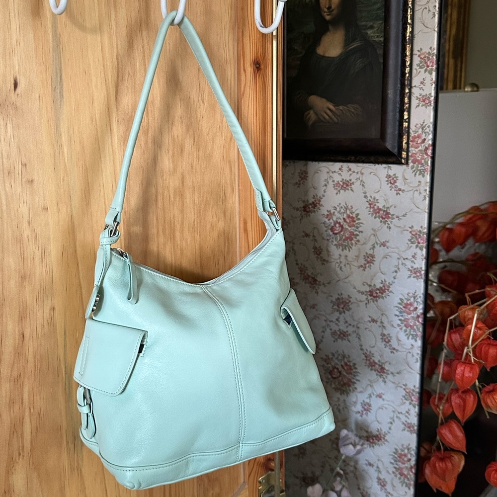 Bosca Mint Green Leather Bag, 9” wide, 7.5” high, 16” strap, side pockets, $58